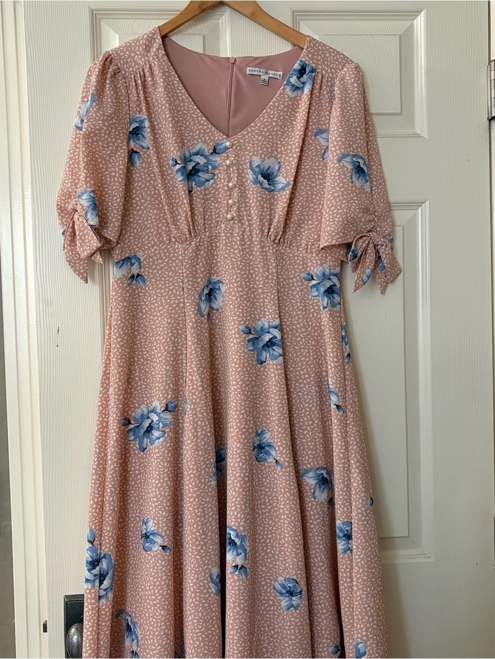 Sandra Darren Blush Pink Blue Floral Dress Size 6 Pearl Buttons Midi Spring